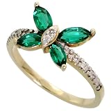 10k Gold Butterfly Ring, w/ Brilliant Cut Diamonds & Marquise Cut Lab Created Emerald Stones, 3/8' wide