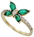 10k Gold Butterfly Ring, w/ Brilliant Cut Diamonds & Marquise Cut Lab Created Emerald Stones, 3/8" (9mm) wide