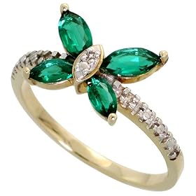 10k Yellow Gold Butterfly Ring with Round Brilliant Diamonds and Lab Created Emerald Stones