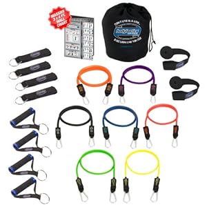 Bodylastics 19 pcs Resistance Bands *STRONG MAN STACKABLE Set (202 lbs.) with 7 anti-snap exercise tubes, Heavy Duty components, carrying case, and 3x4 ft. wall chart with over 100 exercises