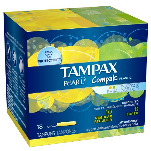 Tampax Pearl Compak plastic Duopack with Regular/Super Absorbencies Unscented Tampons 18 Count (Pack of 2)