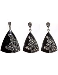 Black Marcasite Pendant with Earrings Set - Sterling Silver