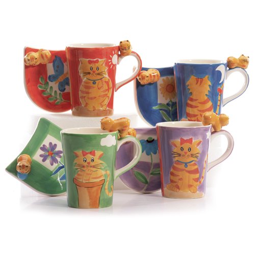Hues&Brews 14-Ounce Mug/Coaster, Set of 4, Tabby Cats