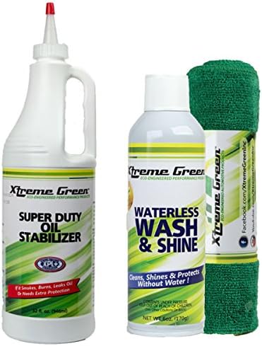 Xtreme Green Waterless Car Wash Kit - Wash &amp; Protect No Water Needed Includes 2 x Towels (6oz) AND Super Duty Oil Stabilizer Ultimate Engine Protection &amp; Reducing Friction (32 Fl. oz.) Value Combo