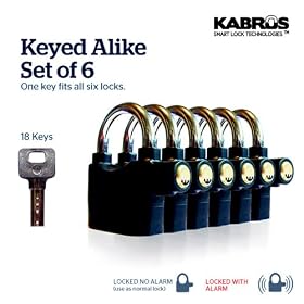 Keyed Alike Set of 6 Alarmed Padlocks with 18 Keys Kabrus Original Alarmed Padlocks / All Keys Fits All Locks / Motor Cycle / Home Garden Shed / Garage / Generators / Vehicle Security Equesterian / Horses / Agricultural Uses / Multi-purpose Siren Alarm Lock