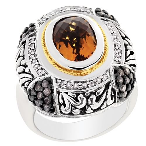 Phillip Gavriel Collection - 18K Twisted Cable Gold Sterling Silver Citrine White & Chocolate Diamond Ring