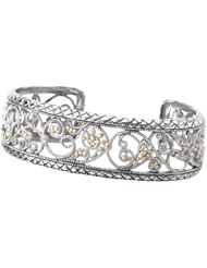 925 Silver Filigree Design Wide Band Cuff Bracelet with 18k Gold Accents