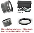 Ultimate 52mm Lens Kit - Telephoto, Wide Angle, 4pc Macro & UV Filter for ANY 52mm Lens Cameras!