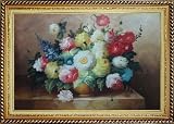 Colorful Flower Bouquet Oil Painting, with Linen Liner Gold Wood Frame 30.5 x 42.5 inches