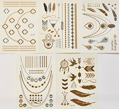 Flash Tattoos Metallic Gold, Silver, Black Temporary Tats Sticker Bling (5-Sheets) YS-14679