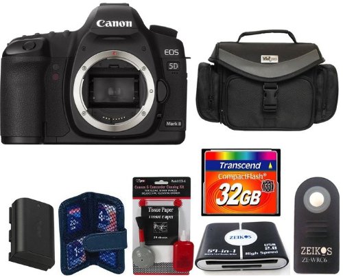 Canon EOS 5D Mark II Digital Camera Body + Large Vidpro Camera and Lens Case (Black) + Extra Battery Pack + Transcend 32 GB 133x Compact Flash Memory Card + Card Reader + Memory Card Case + Zeikos Shutter Release + Digital Camera Cleaning Kit