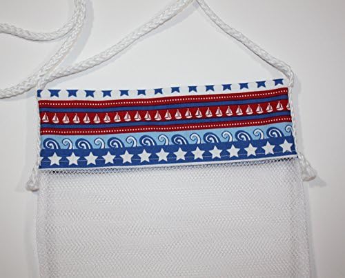 Seashell Bag, Blue Stars Fabric & Mesh Shoulder Strap Beach Bag Handmade by FrogBlossoms