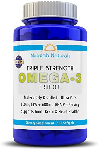Triple Strength Fish Oil - Pharmaceutical Grade Pills (180 Count) - Best Omega 3 Supplement: 800 EPA + 600 DHA Per Serving. 100% Guaranteed by NutriLab Naturals (180)