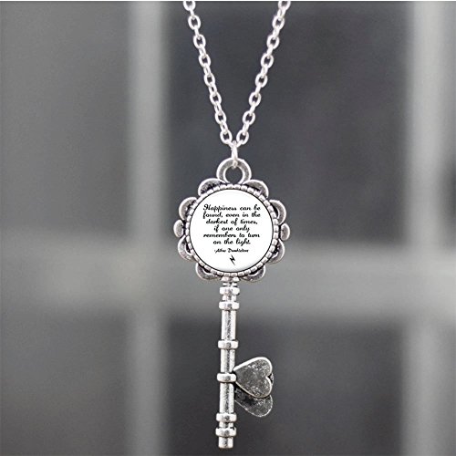 Harry Potter Inspired Silver Key Pendant Necklace, Albus Dumbledore Quote “Happiness Can Be Found Even in the Darkest of Times”