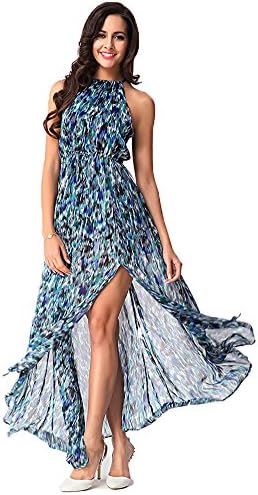 FAIRDLS Women's Sexy Halter Self Tie Waist Irregular Hem Split Chiffon Swing Maxi Dress (L, Green)