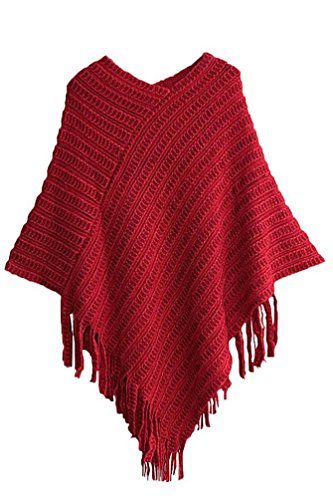 Novawo® Womens Elegant Tassel Poncho Cape Shawls Batwing Knit Sweater Cloak (Red)