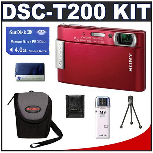 Sony CyberShot DSC-T200 (Red) 8.1 Megapixel Digital Camera with 5x Optical Zoom + SanDisk 4GB Memory Stick (MS) Pro Duo Card + High Speed USB 2.0 Memory Stick (MS) Card Reader + Digital Camera Case