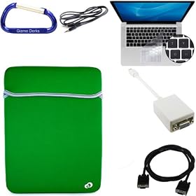Bundle Set: Apple MacBook Pro / MacBook Air 13.3 Inch Black / Green Laptop Carrying Case Reversible Sleeve, Keyboard Silicone Skin Cover, Mini DisplayPort Male to VGA Female Adapter, VGA Male to Male 6 Feet Extension Cable, 3.5mm to 3.5mm Auxilliary Stereo Cable, and a Free Carabiner Key Chain