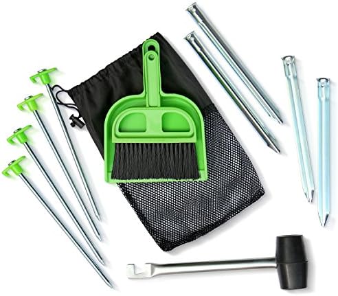 Camping Tent Kit Accessories - 8 Stakes, Rubber Mallet, Nesting Brush with Dustpan - Sturdy, Heavy Duty, Fits All Tents, Easy to Use