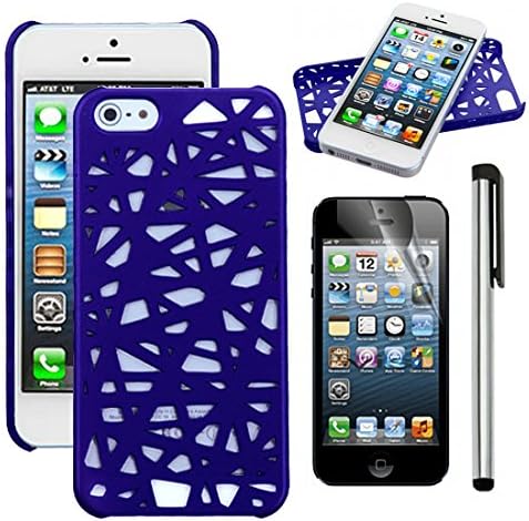 iPhone 5 case, iPhone 5S case, Moreyoulike Moreyoulike Hollow Bird Nest Mesh Rubber Coated Hard Plastic Snap On Cover Back Case with Free Screen Protector & Free Stylus (Bird Nest_Blue)