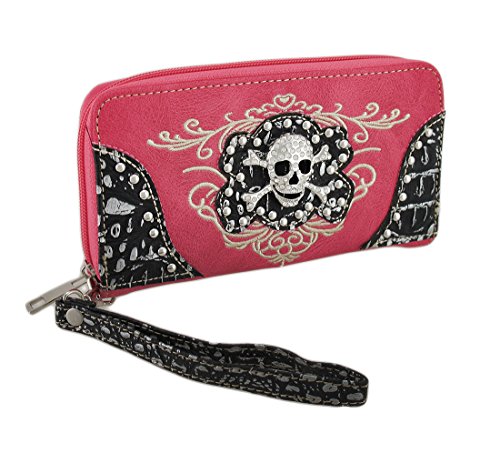 Rhinestone Skull Mock Croc Embroidered Zip Around Wallet