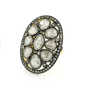 14k Solid Yellow Gold Ring(26x16x7mm) .925 Sterling Silver Ring Diamond Pave Rosecut Ring Cocktail Ring Vintage Style Jewelry