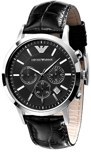Emporio Armani Chronograph Black Dial Black Leather Men