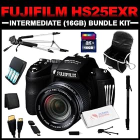 Fujifilm FinePix HS25EXR Digital Camera (Black) 16GB Intermediate Bundle Kit includes Battery Charger, 16GB SD Card, Mini Tripod, 57 Full Size Tripod, 67 Monopod, HDMI Cable, Carrying Case, Card Reader, Card Wallet, Cleaning Kit