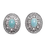Fashion Clip Earrings Burnished Silver Metal with Turquoise Center Stones