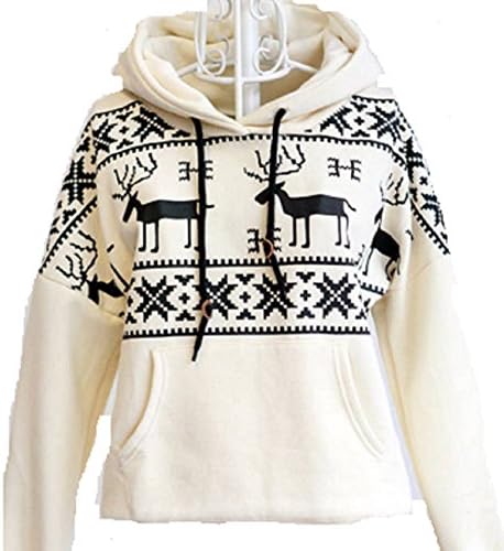 Cilitop Women Pullover Deers Print Pattern Hoodie Sweatshirt (M,White)