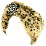 Winter Faux Animal Fur Removable Rhinestone Brooch Ski Headwrap Headband Cheetah