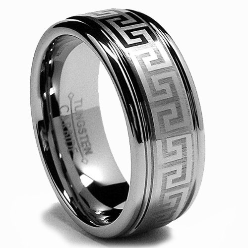 8MM Tungsten Ring Wedding Band with Laser Etched Greek Key Design Size 12