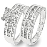 1 1/10 Carat T.W. Round, Princess Cut Diamond Ladies' Bridal Wedding Ring Set 10K White Gold - Two Rings: Ladies Engagement Ring and Ladies Wedding Band - Free Gift Box -