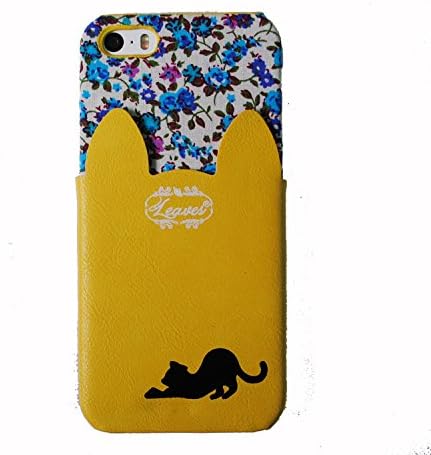 [Yellow] Cute Cat Ear Shape ip5 PU Leather Flower Layered Back Pocket Rigid Case Cover For Apple iphone 5/5S