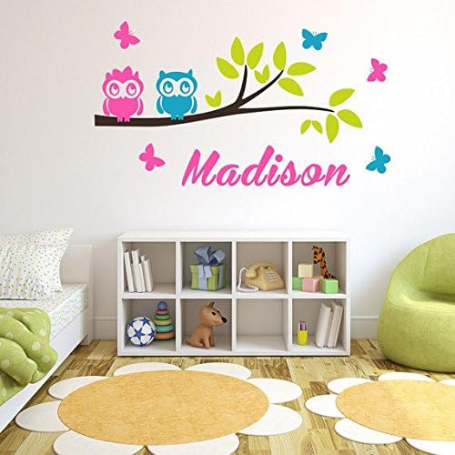 Owl decal-Personalized children name wall decal nursery-tree branch owl name decal-butterflies flying name decal-vinyl name wall sticker