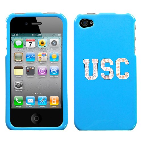 APPLE AT&T SPRINT VERIZON IPHONE 4 4S 4G 16GB AND 32GB HARD PLASTIC DESIGN TURQUOISE LIGHT BLUE AND WHITE USC TROJANS SWAROVSKI CRYSTAL DIAMOND SNAP ON CASE COVER