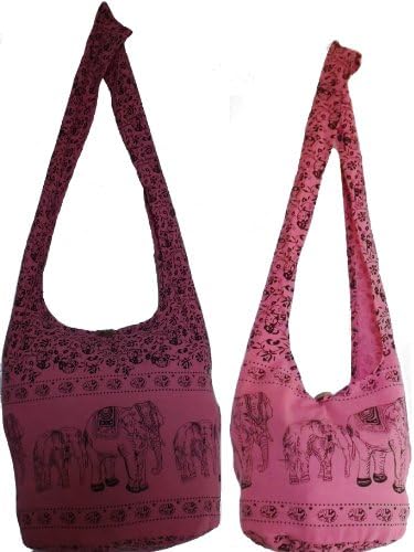 Pink Elephant Combo Jumbo & Sling Cross Body Shoulder Bags Hippie Hobo Thai Cotton Bohemian Tote Beach Bag Gym Bag Craft Bag Satchel Grocery Fishing Lunch Oversized Weekender Carry-on Bags and Purses by Audrey Slavich