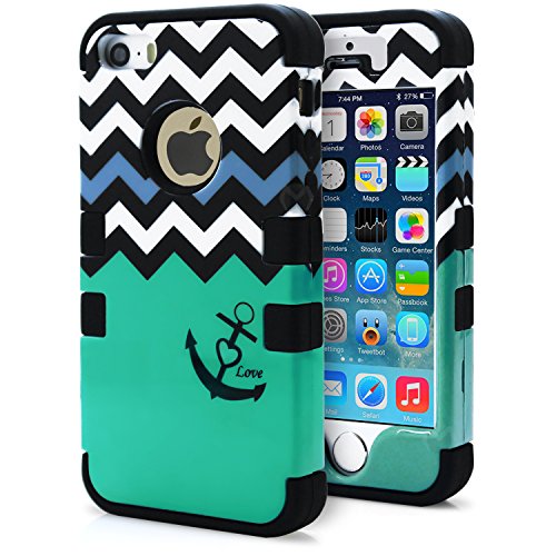 iPhone 5S Case, MagicMobile® Hybrid Impact Shockproof Cover Hard Armor Shell and Soft Silicone Skin Layer [Chevron Pattern with Heart Anchor Design Color: Black - Turquoise ]