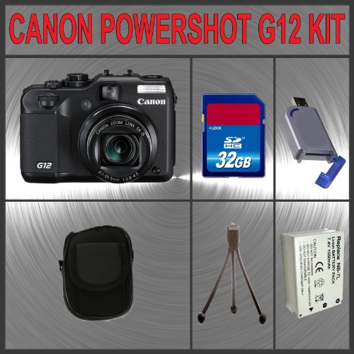 Canon PowerShot G12 Digital Camera + Huge Accessories Package Including 32GB SDHC Memory Card + NB-7L Extra Replacement Li-ion Battery Pack + Hi-Speed SD Card Reader + Carrying Case + Table Top Tripod Kit