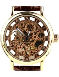 ORKINA KC112 Mechanical Skeleton Analog Leather Wrist Men Lady Quartz Watch (Gold/Brown)