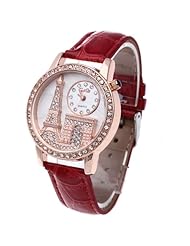 Womens Quartz Wristwatch Red Leather Band Rhinestone White Dial Eiffel Towel