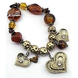 Antique Gold Heart Charm and Brown Stone Stretch Bracelet Fashion Jewelry