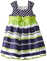 Girls Cap Sleeves Shirred  Polyester/Silk/Shantung Striped Print Dots Print  Dress With a Bow(s) and a Sash 
