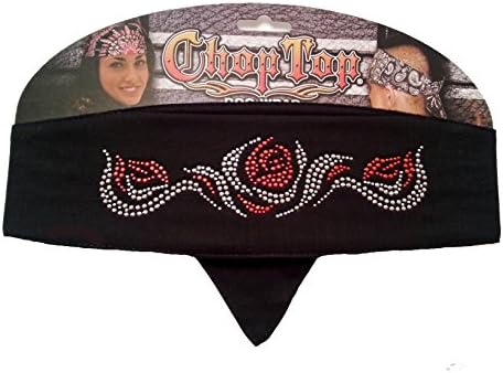 Chop Top Womens Cloth Head Band One Size Black - Rhinestud Flaming Red Roses and Silver Vines