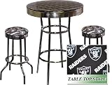 Oakland Raiders NFL Football Glass Top Chrome Bar Pub Table Set With 2 Swivel Bar Stools