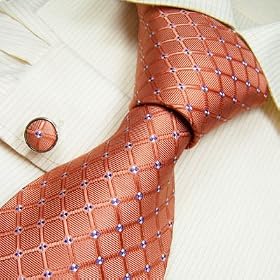 1087 NEW Designer Hand Made Orange Necktie Cufflinks Checkers Ties for Men 100% Jacquard Woven Pure Silk Mens Neck Tie and Cuff Links Gift Set