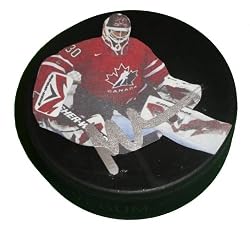 Martin Brodeur Autographed Team Canada Photo Hockey Puck, New Jersey Devils, Proof Photo