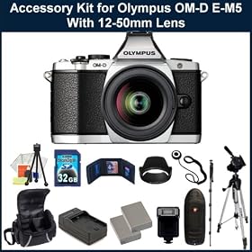 Olympus OM-D E-M5 16MP Live MOS Interchangeable Lens Camera with 3.0-Inch Tilting OLED Touchscreen and 12-50mm Lens (Silver). Package Also Includes: 2 Extended Life Replacement Battery Packs, Rapid Travel Charger, 32GB Memory Card, Memory Card Reader, Memory Card Wallet, Flash, Monopod, 50 Tripod, 