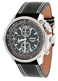 Seiko #SNAB73P1 Men's Pilot Slide Rule Bezel Chronograph Alarm Watch with Black Leather Strap