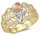 14k Yellow Tri-Color Gold Ladies Flower Rose Leaf Ring